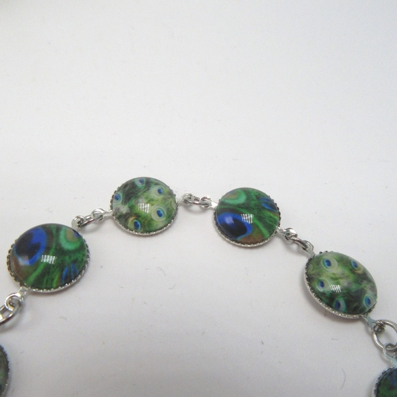 Peacock print photo glass chain link bracelet in silver tone setting - NEW - Picture 4 of 6